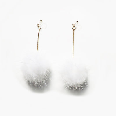 White Mink Fur Pom Pom Invisible Clip On Earrings - miyabigracejewelry.com