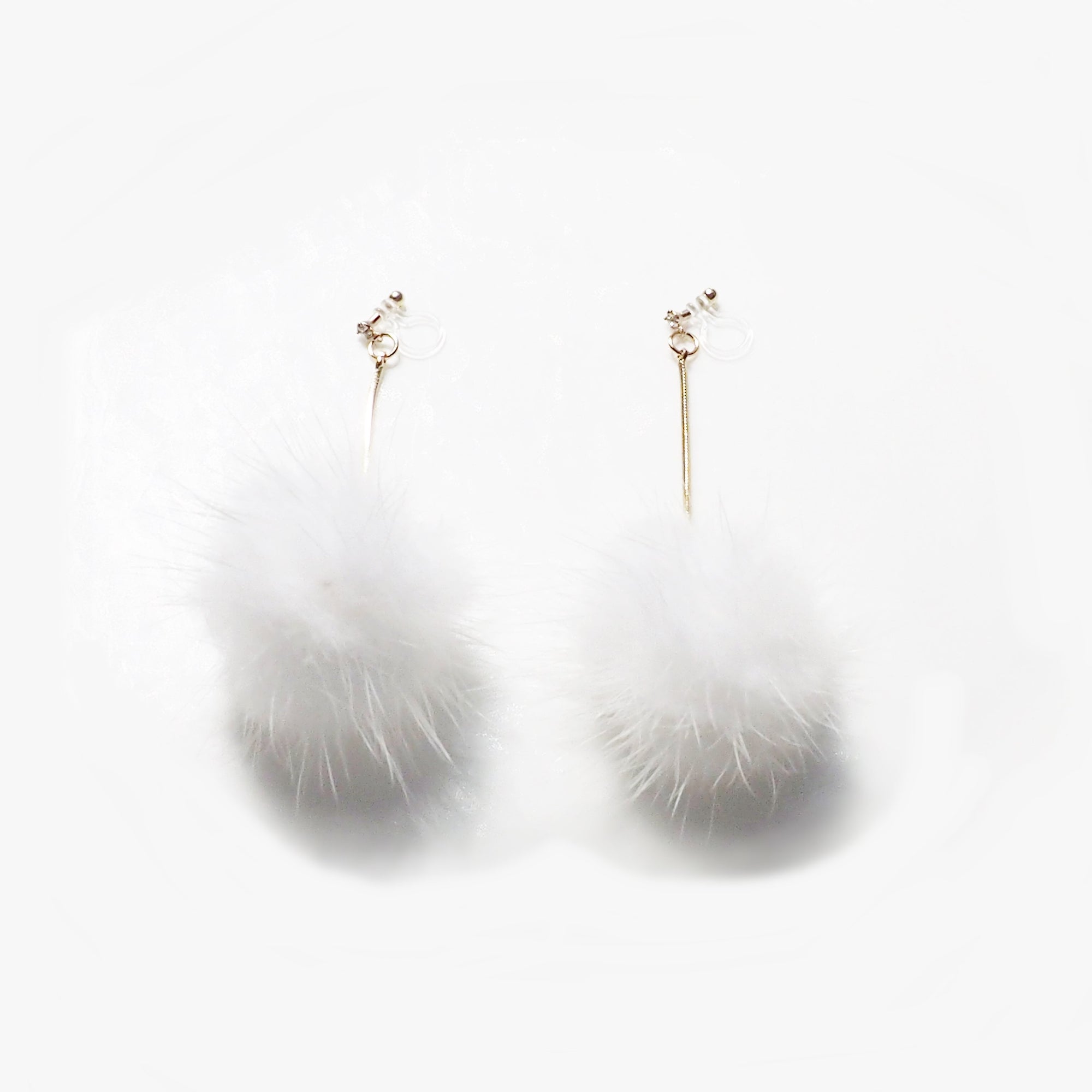 White Mink Fur Pom Pom Invisible Clip On Earrings - miyabigracejewelry.com