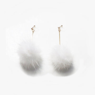 White Mink Fur Pom Pom Invisible Clip On Earrings - miyabigracejewelry.com