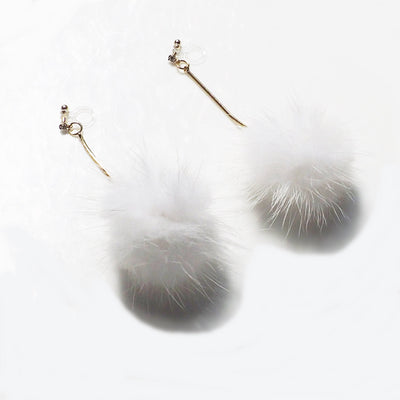 White Mink Fur Pom Pom Invisible Clip On Earrings - miyabigracejewelry.com