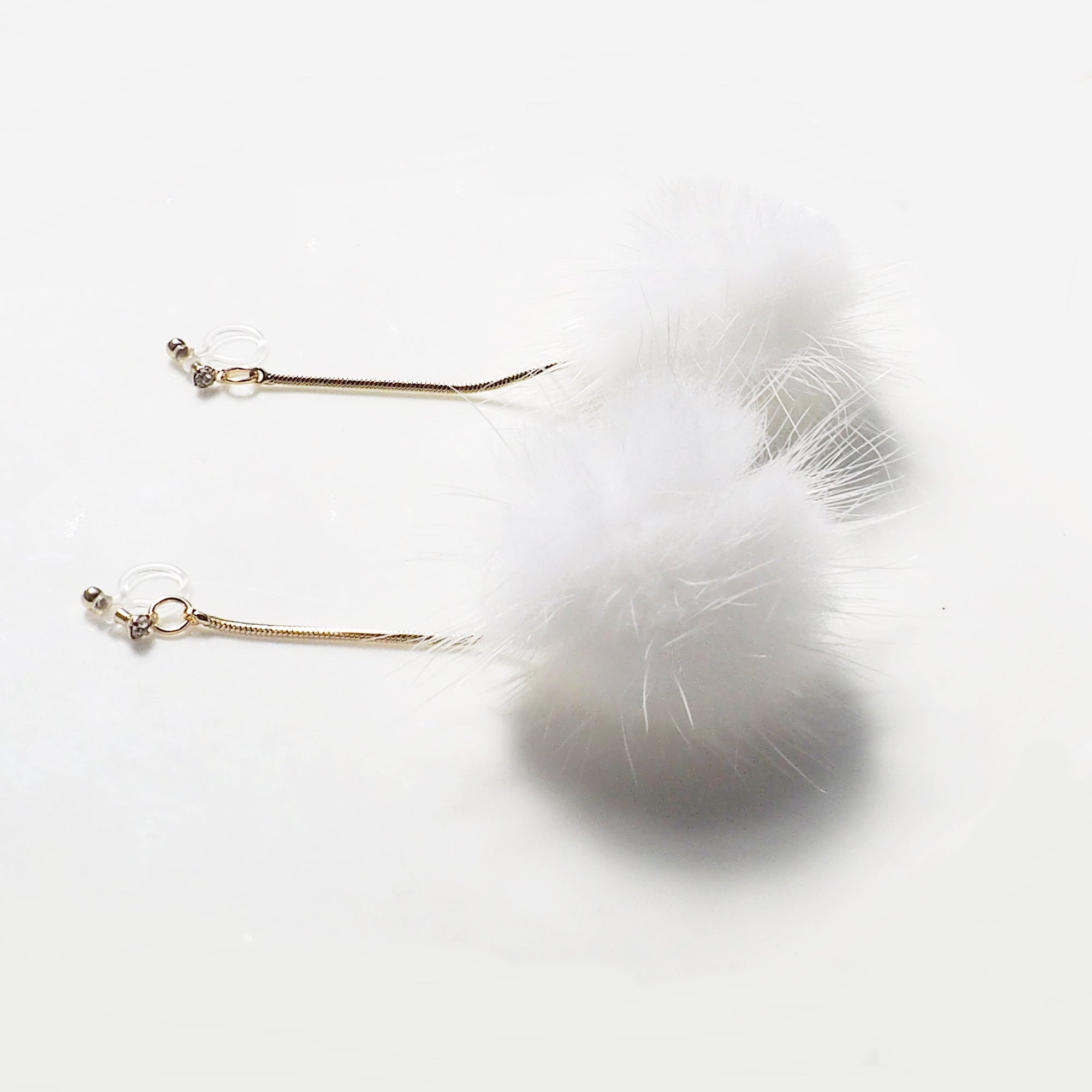 White Mink Fur Pom Pom Invisible Clip On Earrings - miyabigracejewelry.com