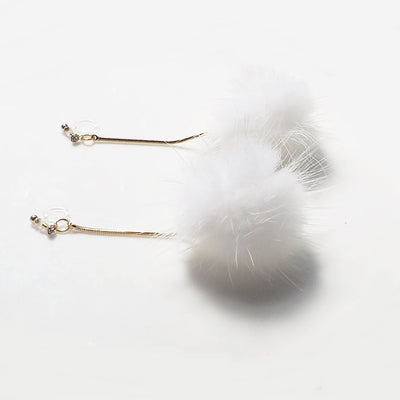 White Mink Fur Pom Pom Invisible Clip On Earrings - miyabigracejewelry.com