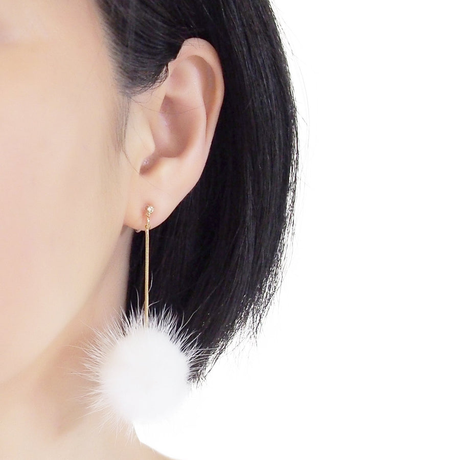 White Mink Fur Pom Pom Invisible Clip On Earrings - miyabigracejewelry.com
