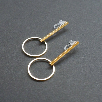 Gold Bar and Circle Invisible Clip On Stud Earrings - Miyabi Grace