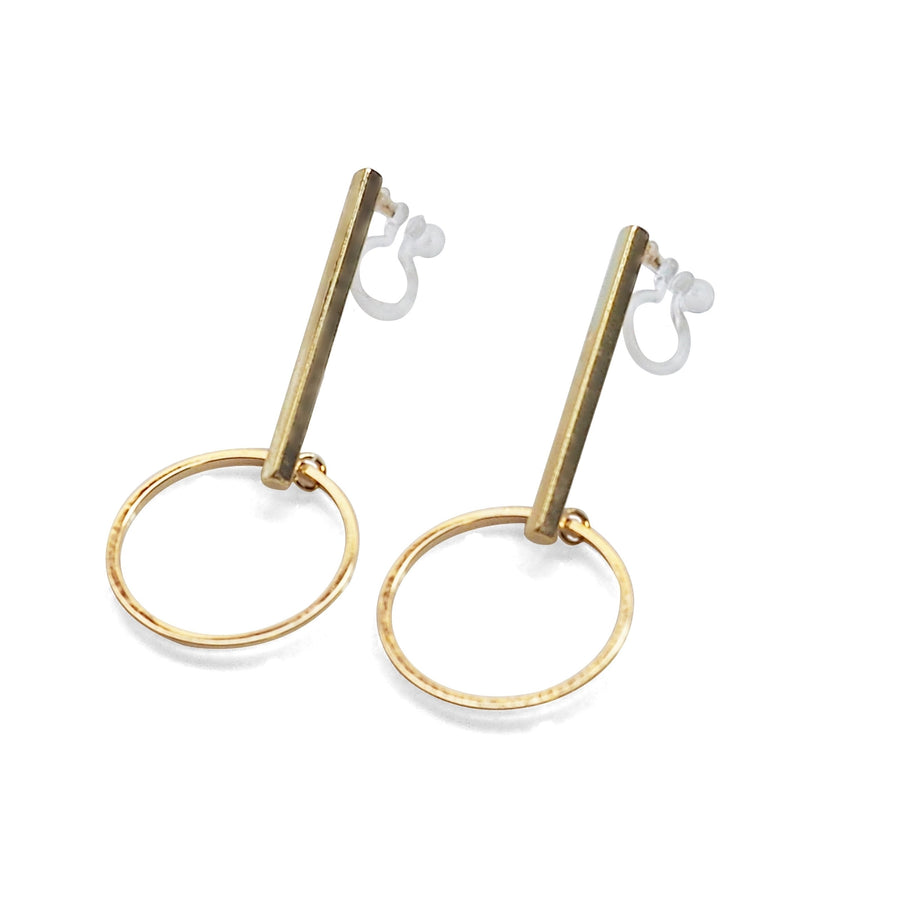Gold Bar and Circle Invisible Clip On Stud Earrings - Miyabi Grace