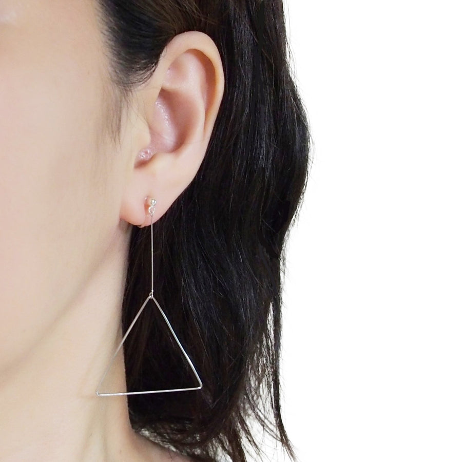 Dangle Silver Triangle Hoop Invisible Clip On Earrings - Miyabi Grace