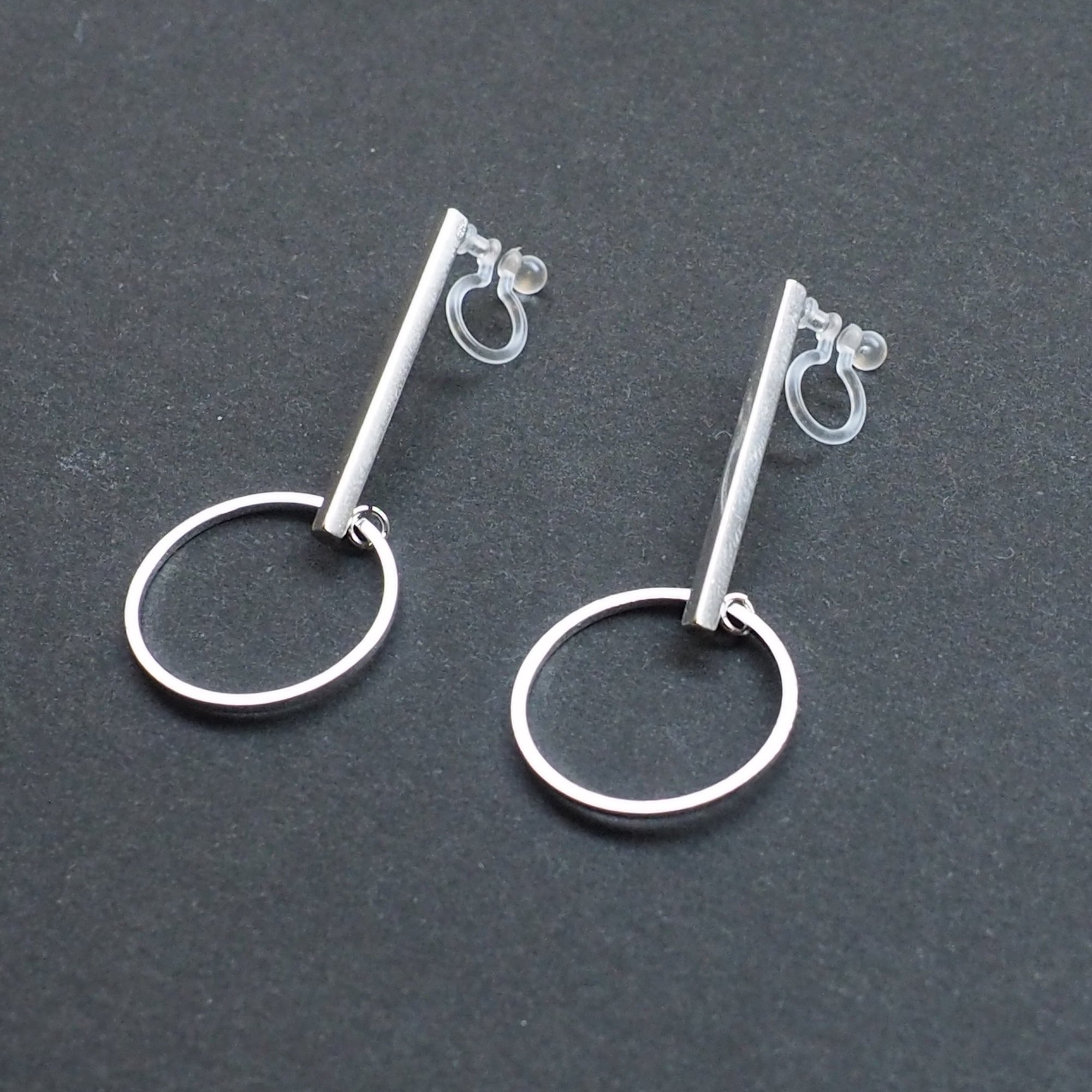 Silver Bar and Circle Invisible Clip On Stud Earrings - Miyabi Grace