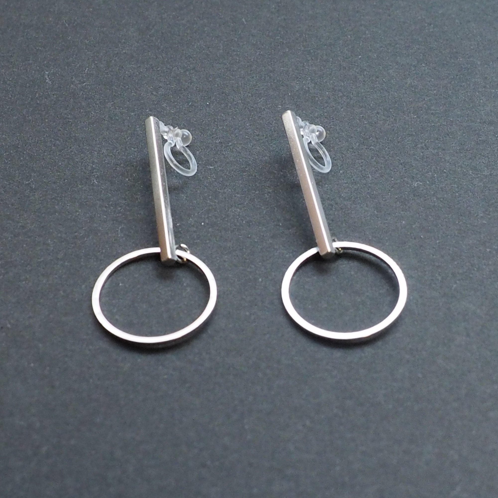 Silver Bar and Circle Invisible Clip On Stud Earrings - Miyabi Grace
