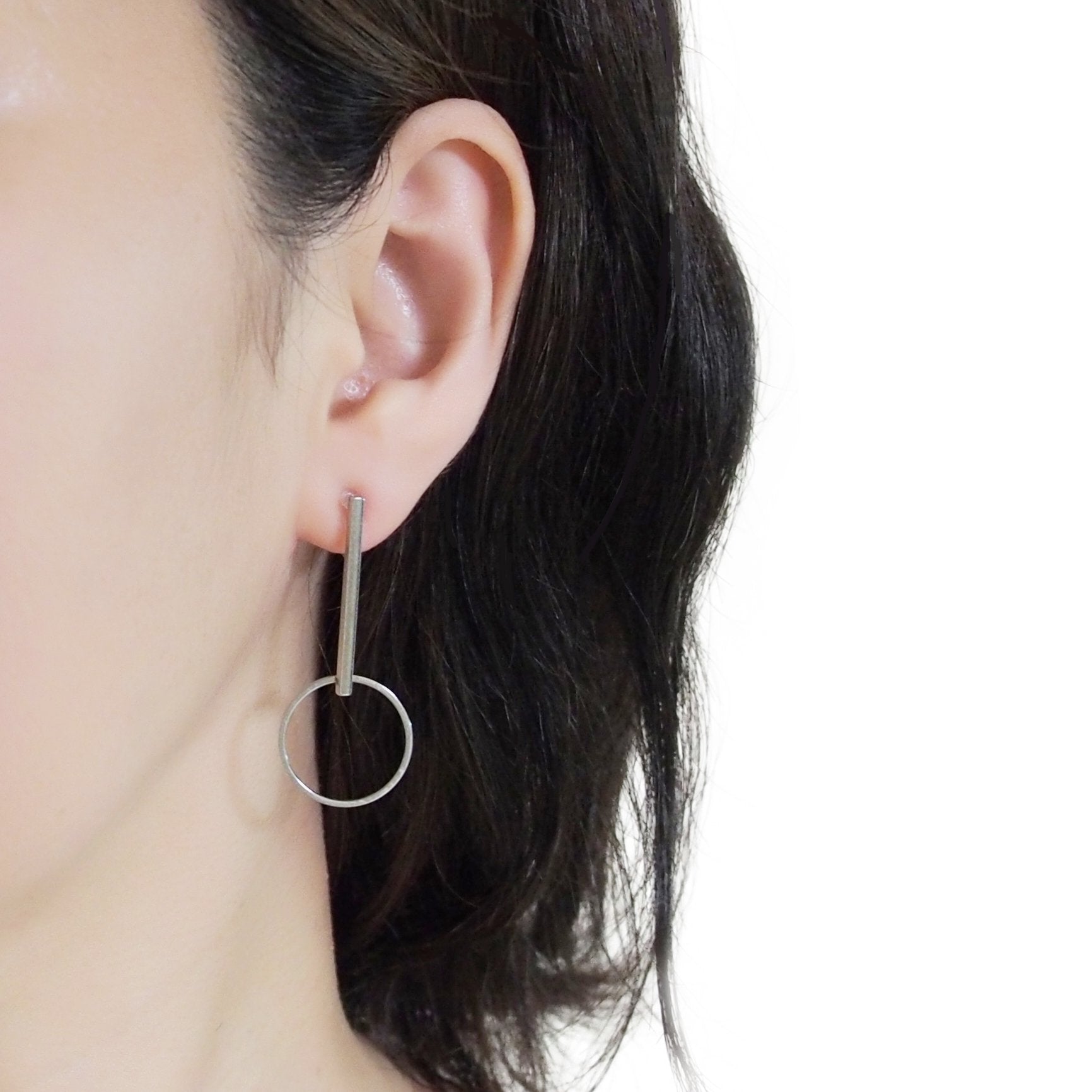 Silver Bar and Circle Invisible Clip On Stud Earrings - Miyabi Grace