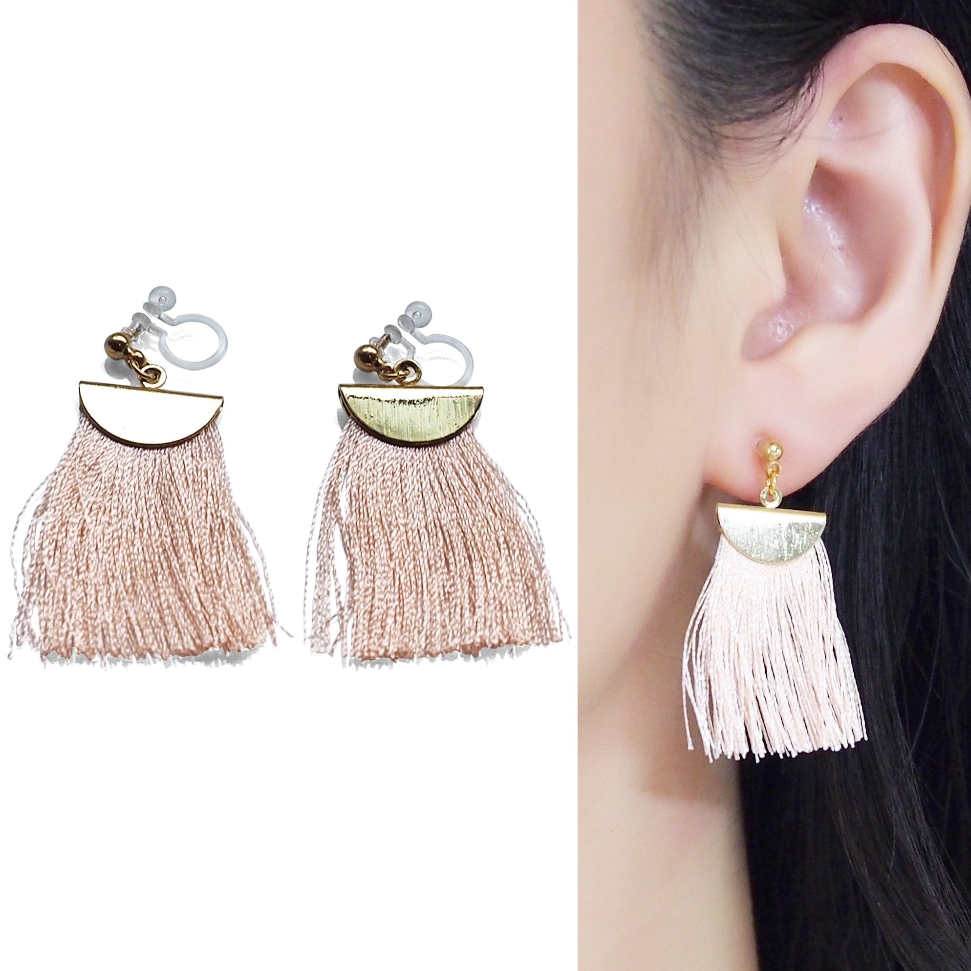 Peachy orange flat tassel invisible clip on earrings - miyabigracejewelry.com