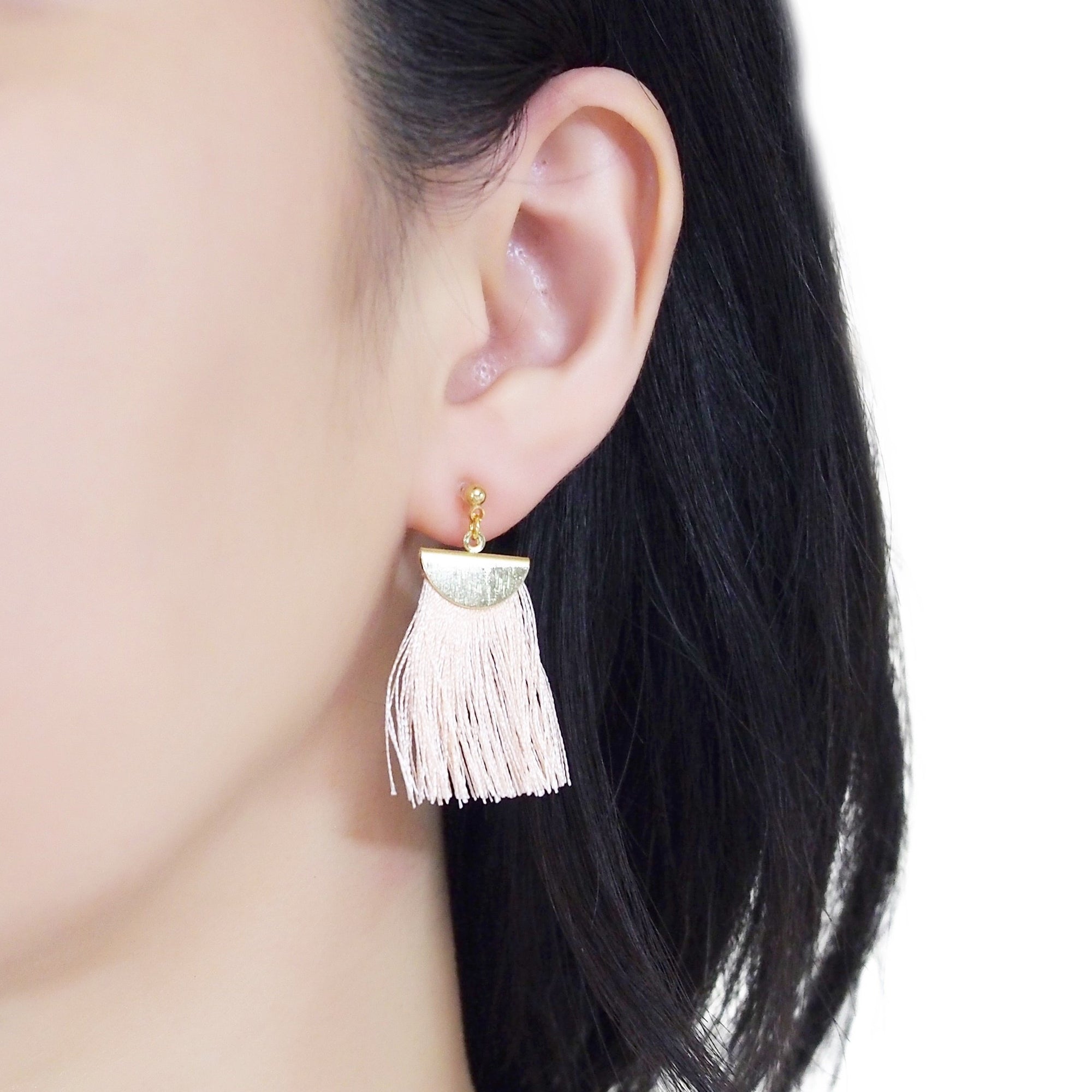 Peachy orange flat tassel invisible clip on earrings - miyabigracejewelry.com