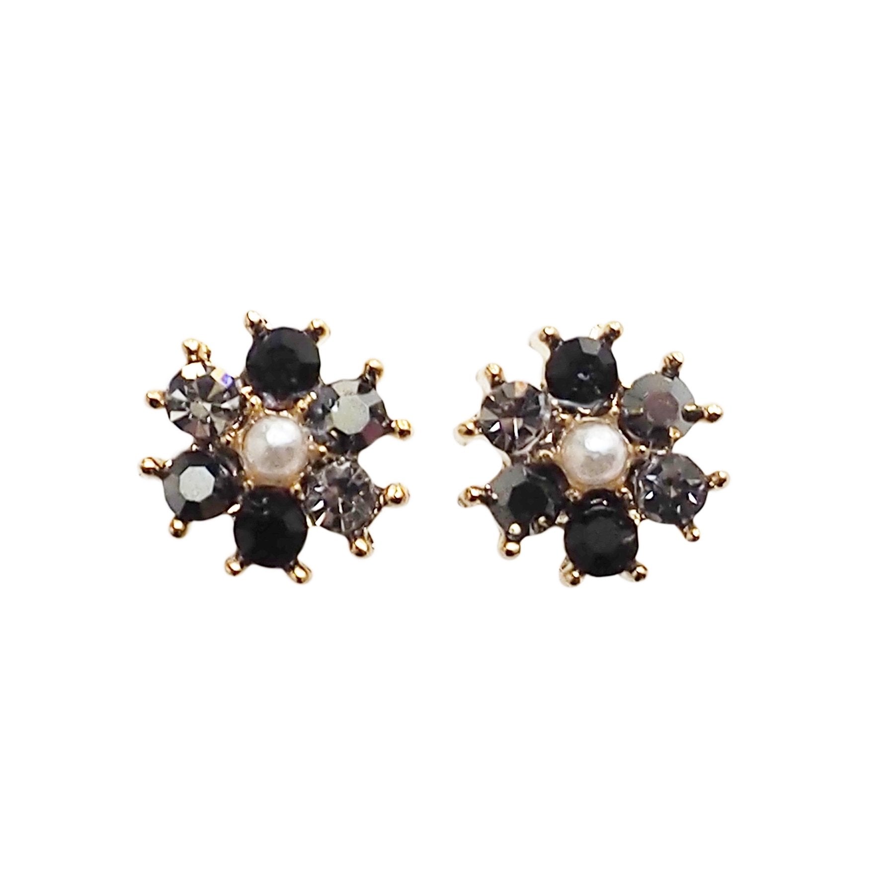 Flower Rhinestone Invisible Clip On Stud Earrings ( Black ) - miyabigracejewelry.com