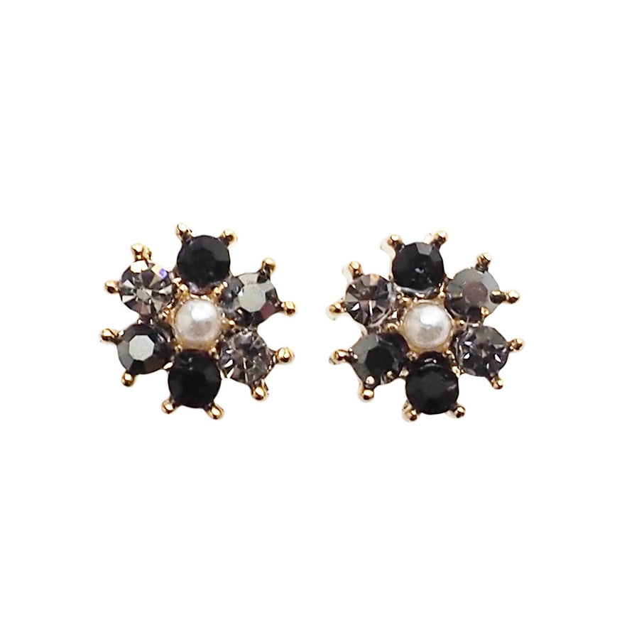 Flower Rhinestone Invisible Clip On Stud Earrings ( Black ) - miyabigracejewelry.com
