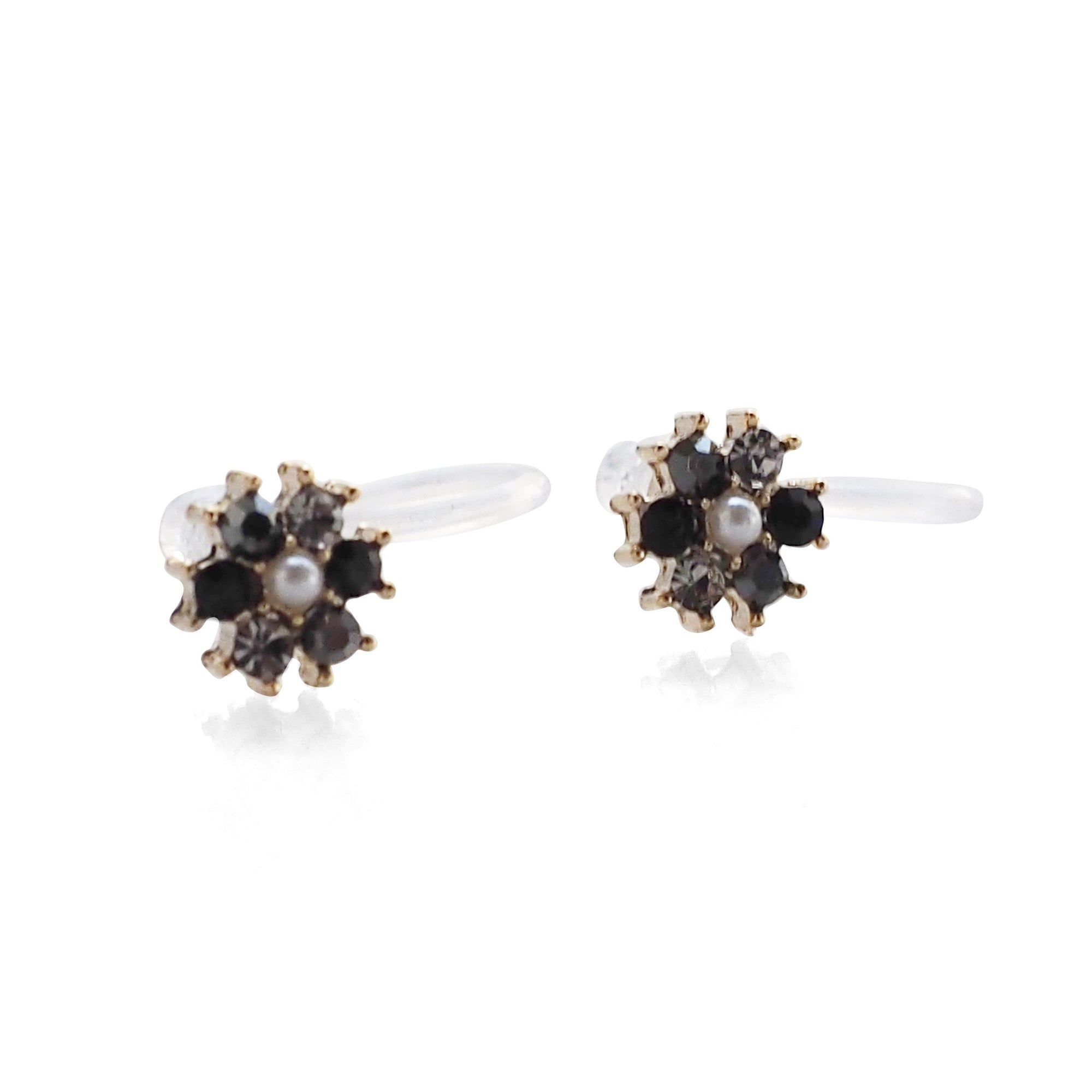 Flower Rhinestone Invisible Clip On Stud Earrings ( Black ) - miyabigracejewelry.com