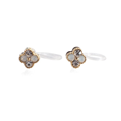 Milky White Flower Rhinestone Invisible Clip On Stud Earrings - miyabigracejewelry.com