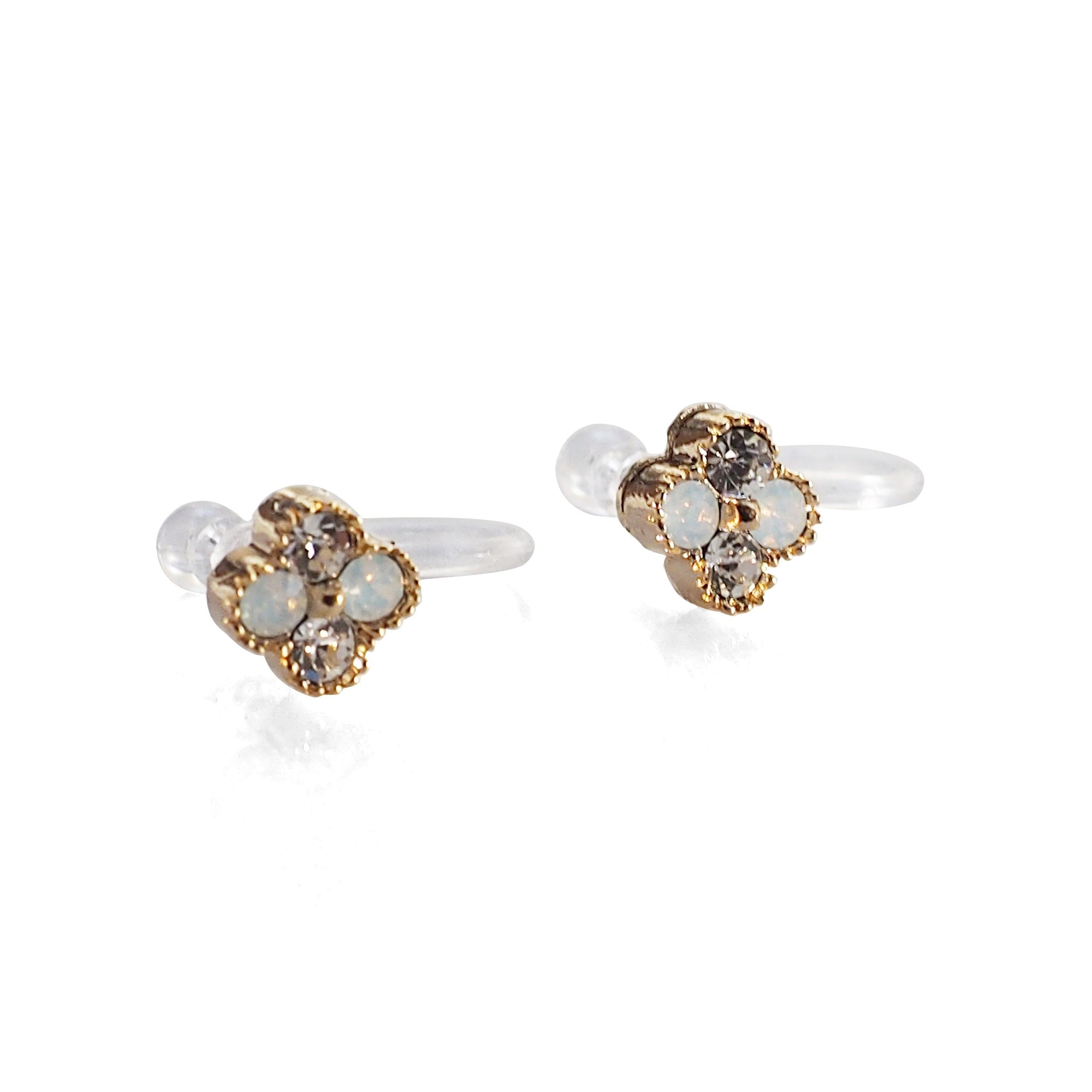 Milky White Flower Rhinestone Invisible Clip On Stud Earrings - miyabigracejewelry.com