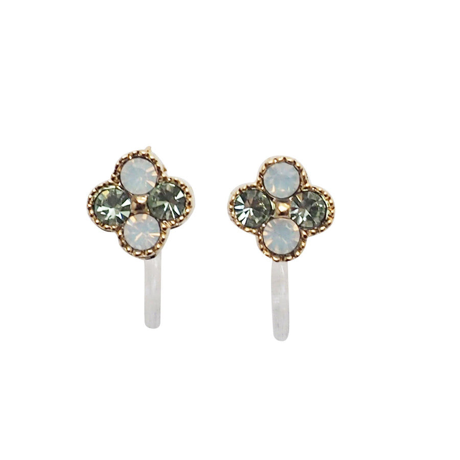 Light Green Flower Rhinestone Invisible Clip On Stud Earrings - miyabigracejewelry.com