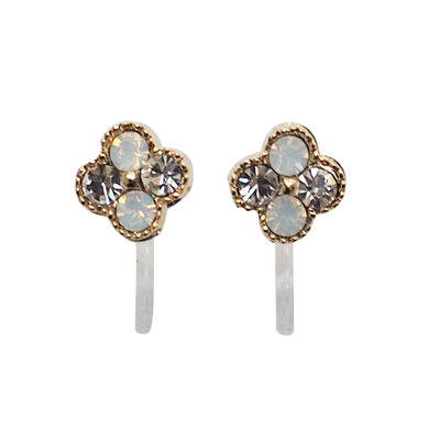Milky White Flower Rhinestone Invisible Clip On Stud Earrings - miyabigracejewelry.com