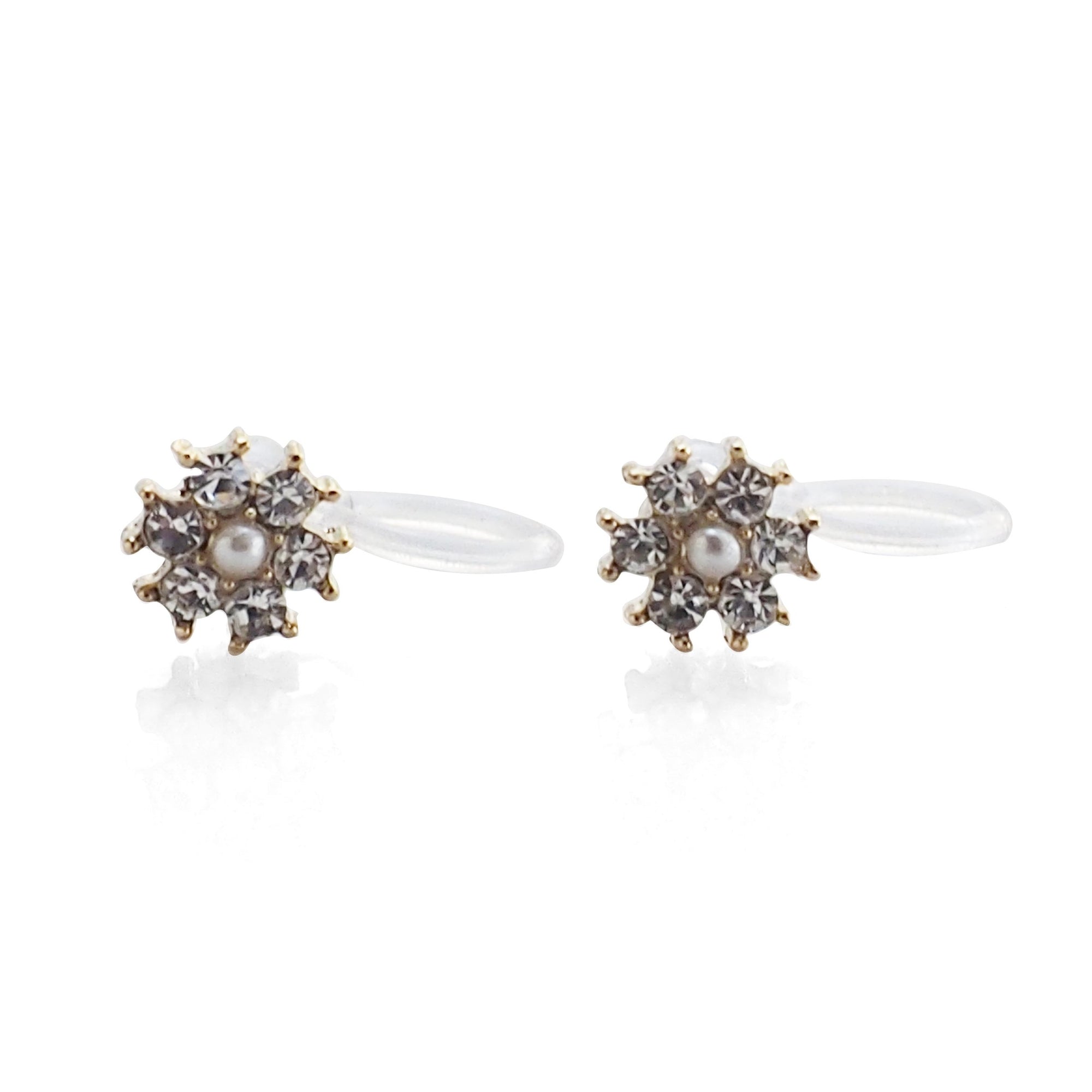 Flower Rhinestone Invisible Clip On Stud Earrings (Gold tone) - miyabigracejewelry.com