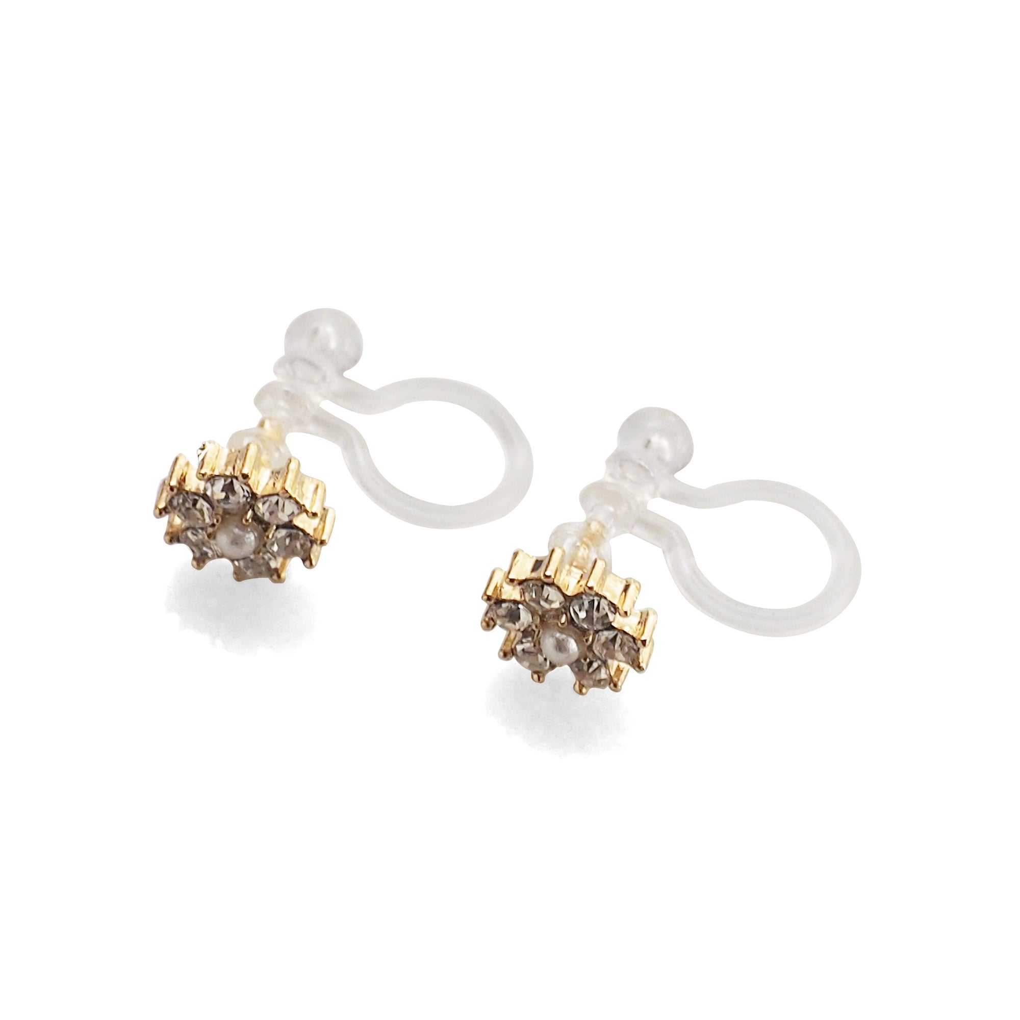 Flower Rhinestone Invisible Clip On Stud Earrings (Gold tone) - miyabigracejewelry.com