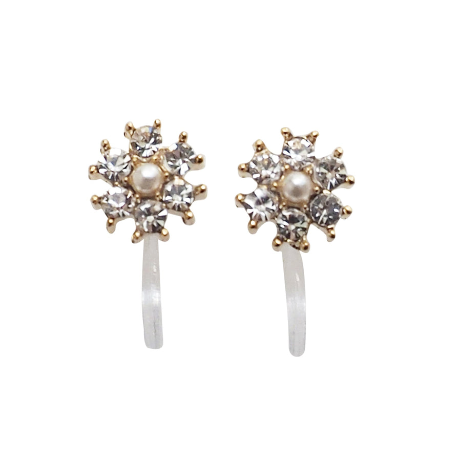 Flower Rhinestone Invisible Clip On Stud Earrings (Gold tone) - miyabigracejewelry.com