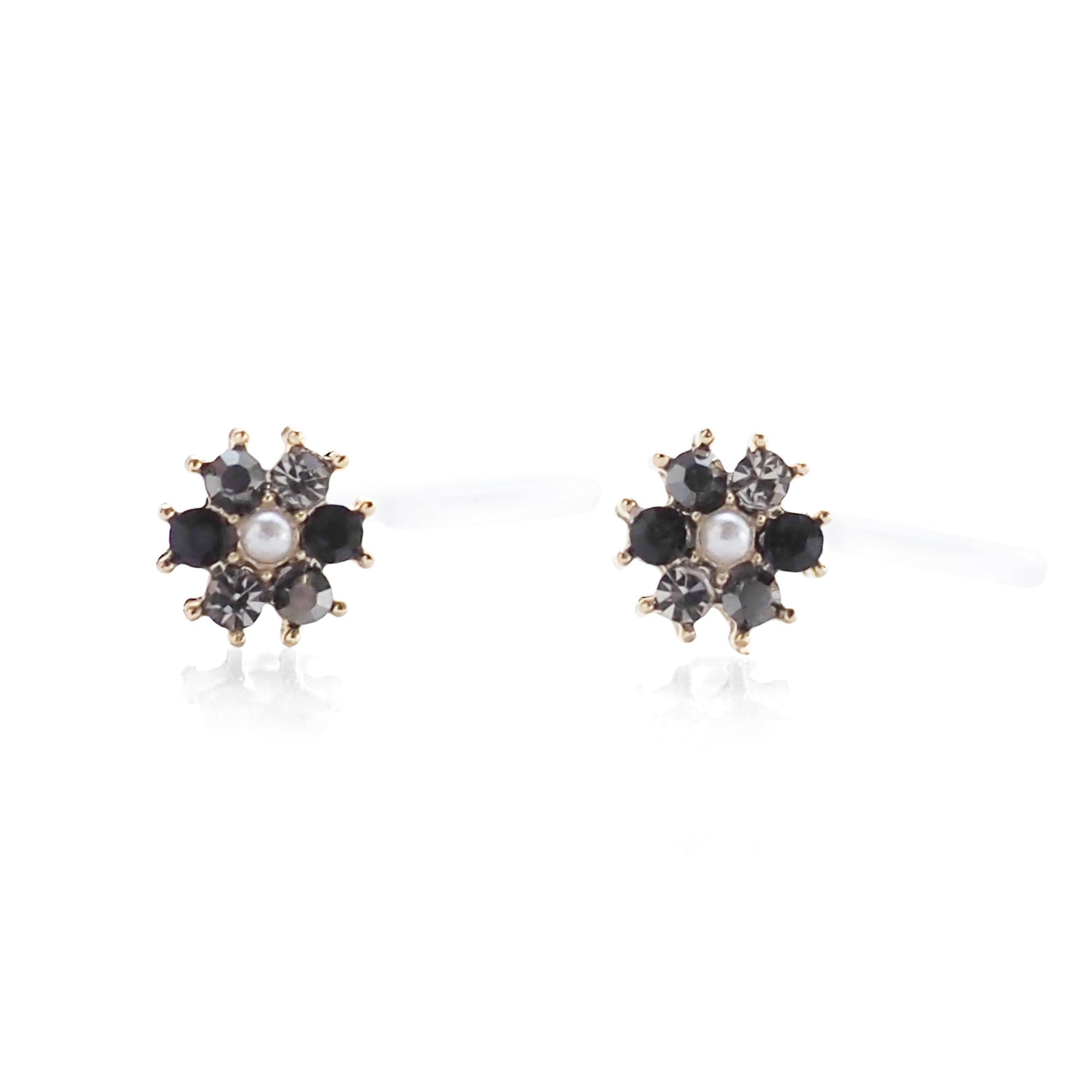 Flower Rhinestone Invisible Clip On Stud Earrings ( Black ) - miyabigracejewelry.com