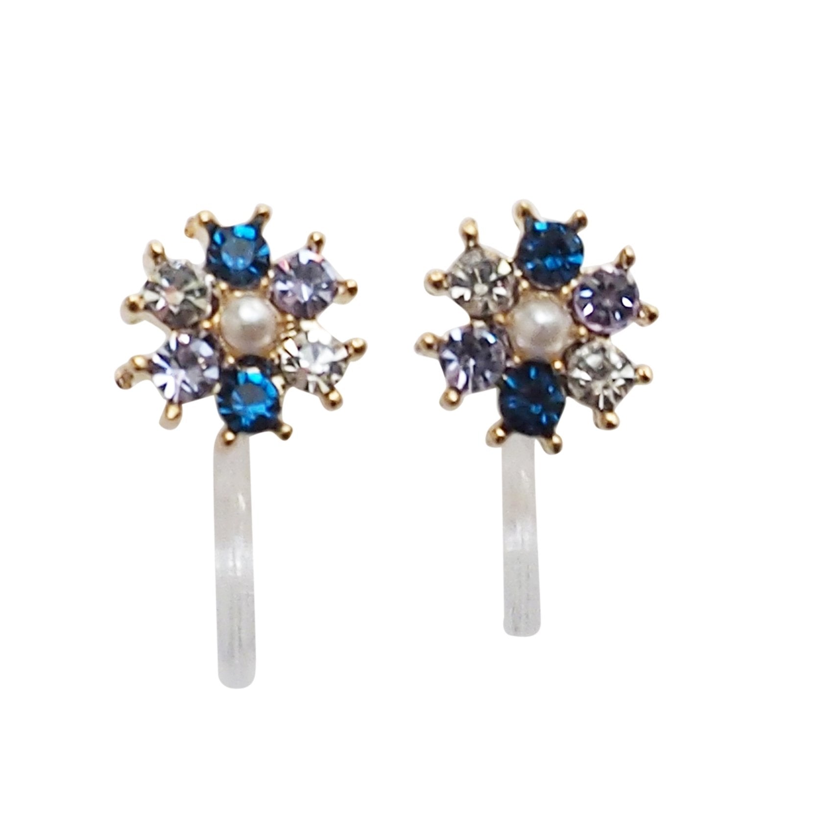 Flower Rhinestone Invisible Clip On Stud Earrings (Blue) - miyabigracejewelry.com