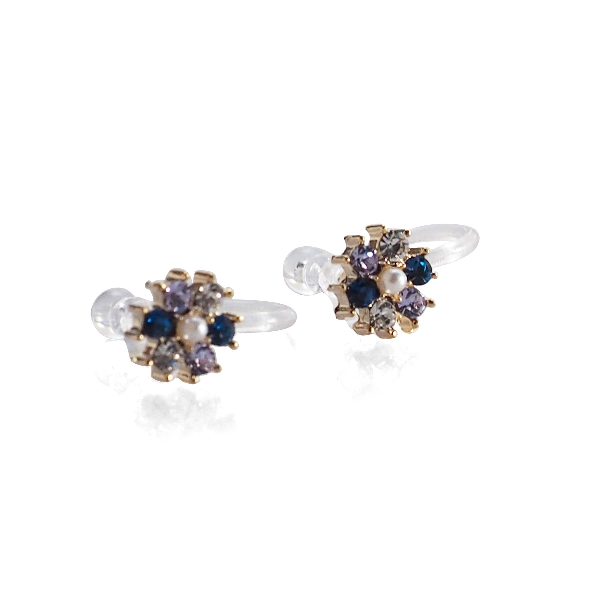 Flower Rhinestone Invisible Clip On Stud Earrings (Blue) - miyabigracejewelry.com