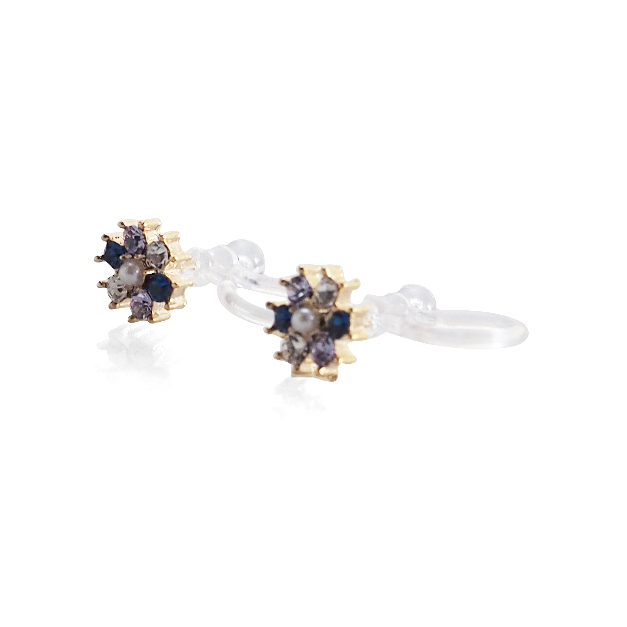 Flower Rhinestone Invisible Clip On Stud Earrings (Blue) - miyabigracejewelry.com