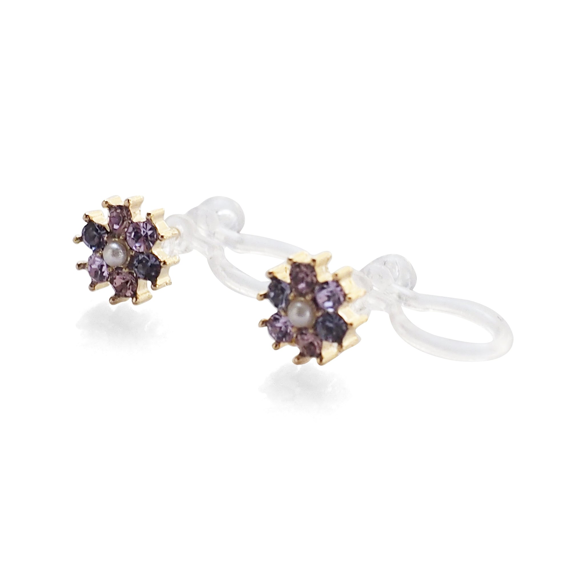 Flower Rhinestone Invisible Clip On Stud Earrings (Light Purple) - miyabigracejewelry.com