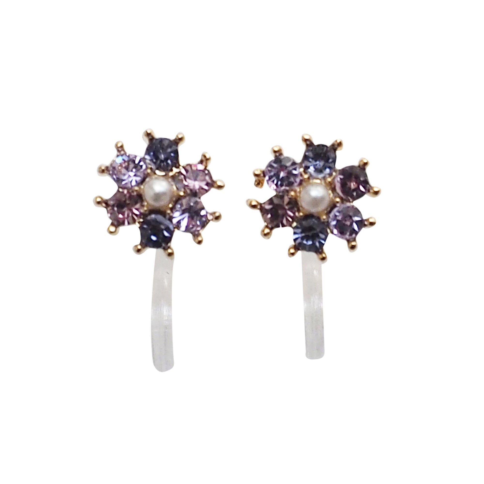 Flower Rhinestone Invisible Clip On Stud Earrings (Light Purple) - miyabigracejewelry.com