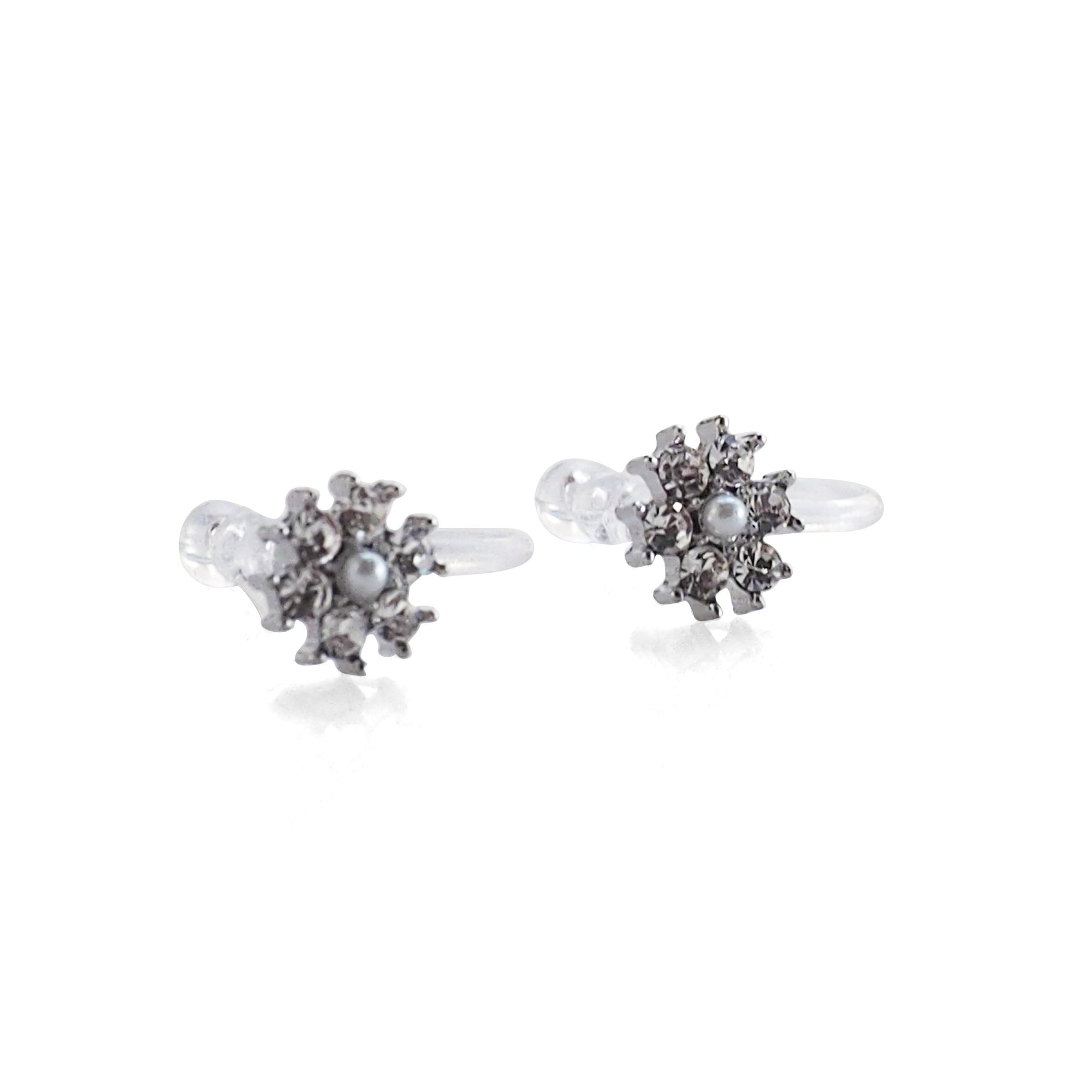 Flower Rhinestone Invisible Clip On Stud Earrings (Silver tone) - miyabigracejewelry.com