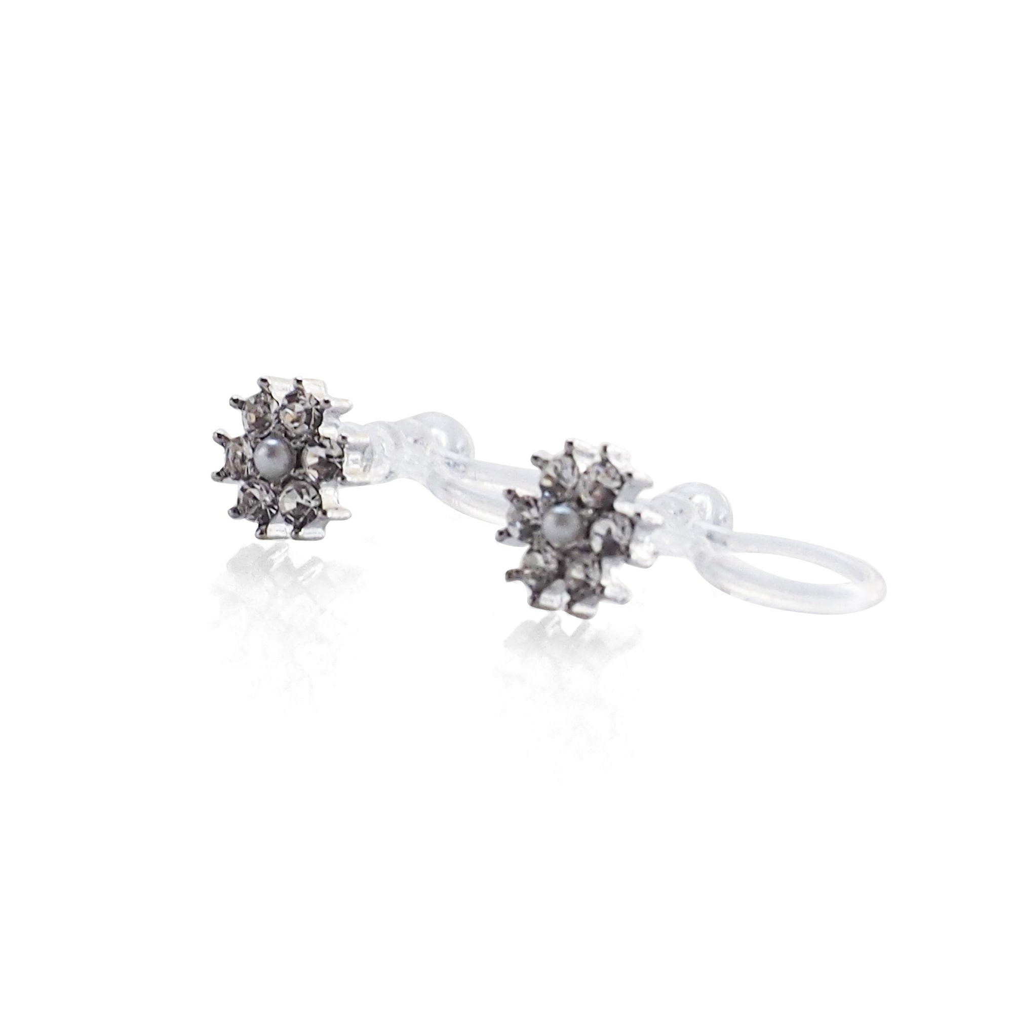 Flower Rhinestone Invisible Clip On Stud Earrings (Silver tone) - miyabigracejewelry.com