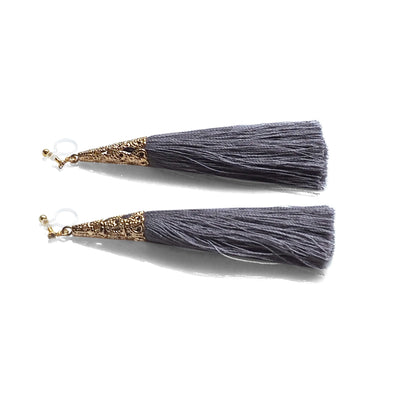 Long Gray Tassel Invisible Clip On Earrings - miyabigracejewelry.com
