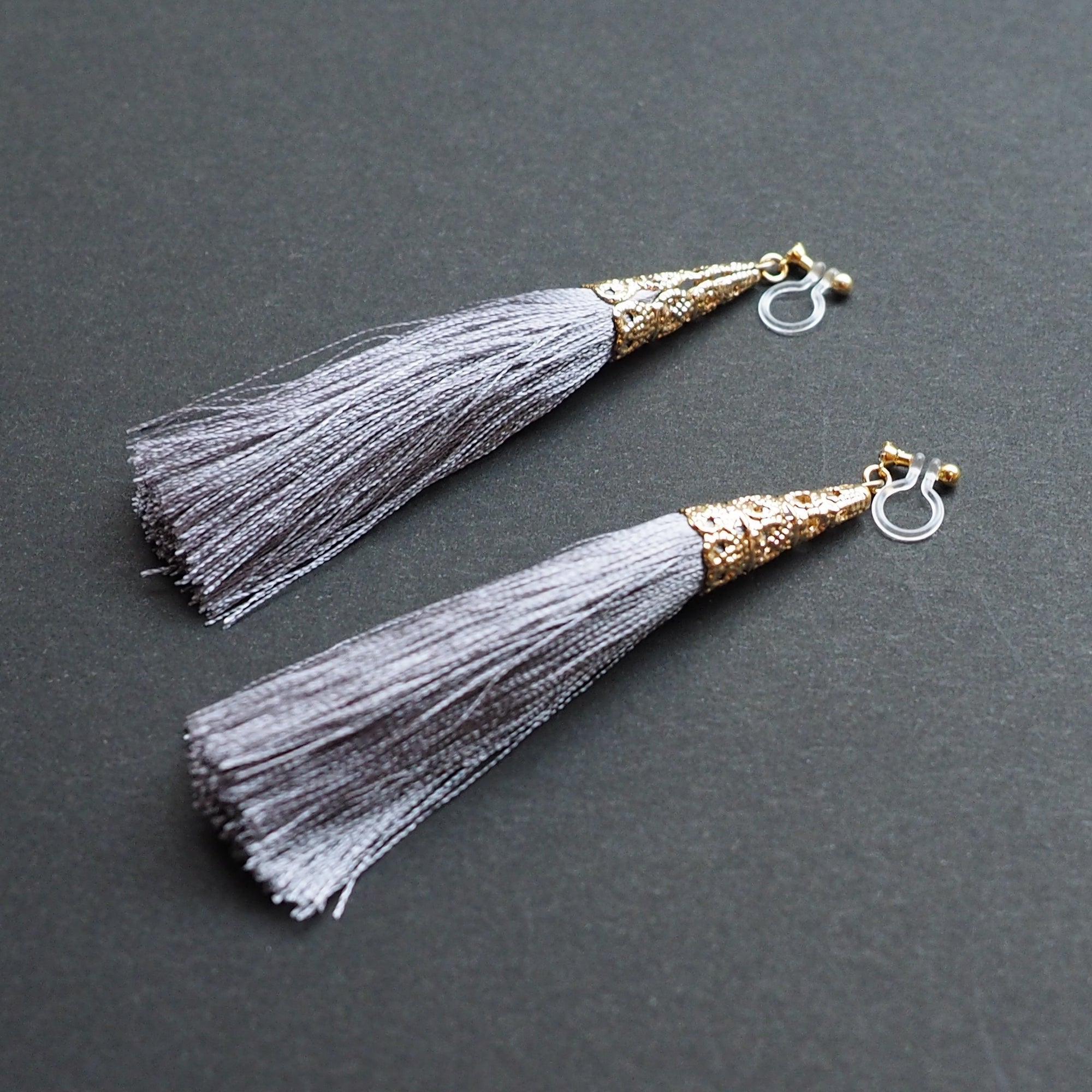 Long Gray Tassel Invisible Clip On Earrings - miyabigracejewelry.com