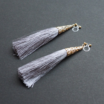 Long Gray Tassel Invisible Clip On Earrings - miyabigracejewelry.com