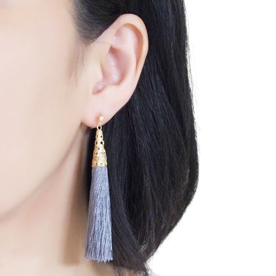 Long Gray Tassel Invisible Clip On Earrings - miyabigracejewelry.com