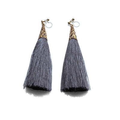 Long Gray Tassel Invisible Clip On Earrings - miyabigracejewelry.com