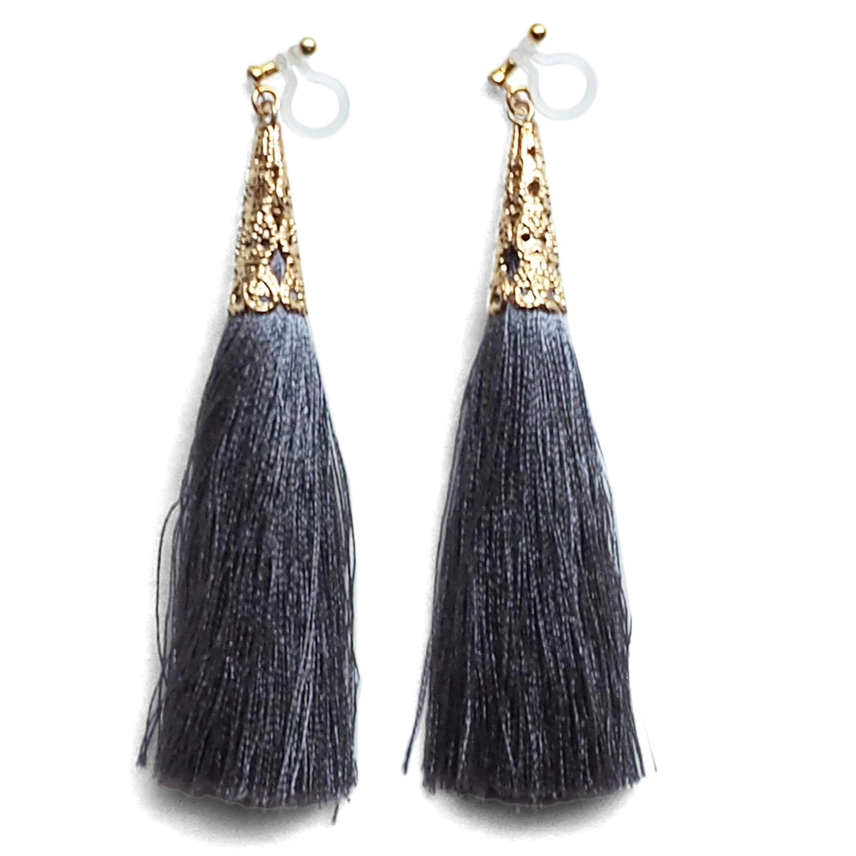 Long Gray Tassel Invisible Clip On Earrings - miyabigracejewelry.com