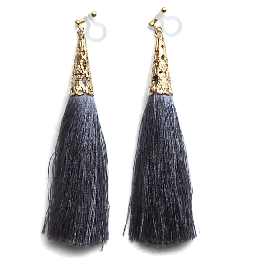 Long Gray Tassel Invisible Clip On Earrings - miyabigracejewelry.com