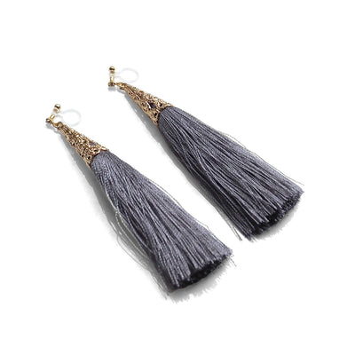 Long Gray Tassel Invisible Clip On Earrings - miyabigracejewelry.com