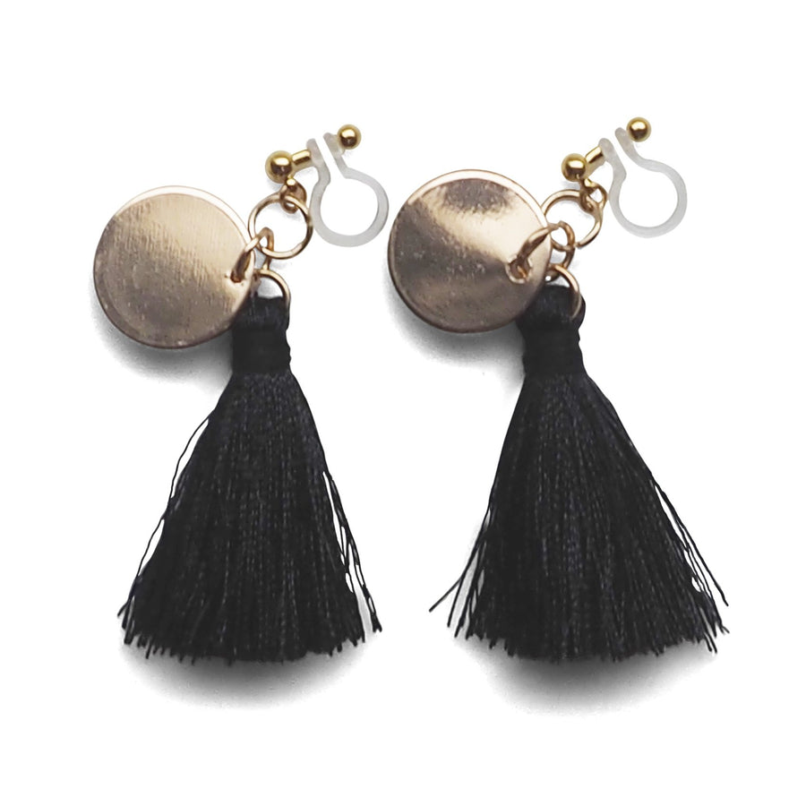 Black Tassel with Gold Coin Invisible Clip On Earrings - miyabigracejewelry.com