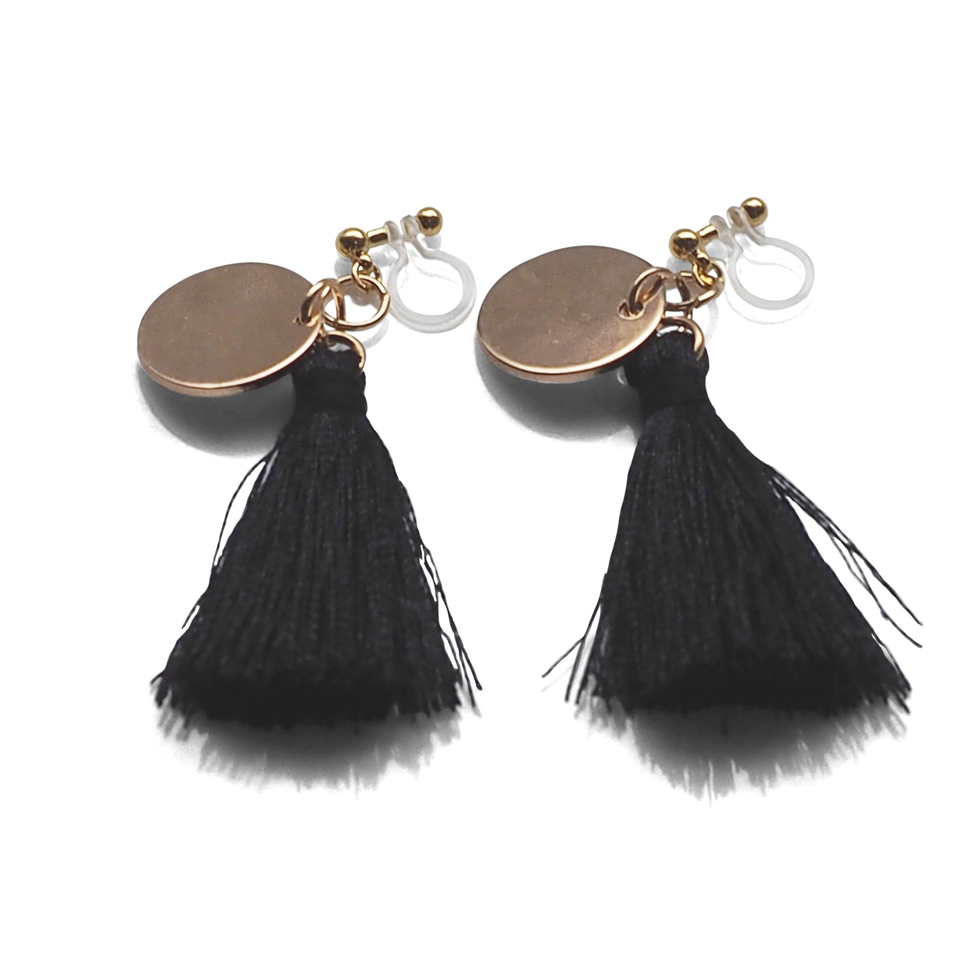Black Tassel with Gold Coin Invisible Clip On Earrings - miyabigracejewelry.com