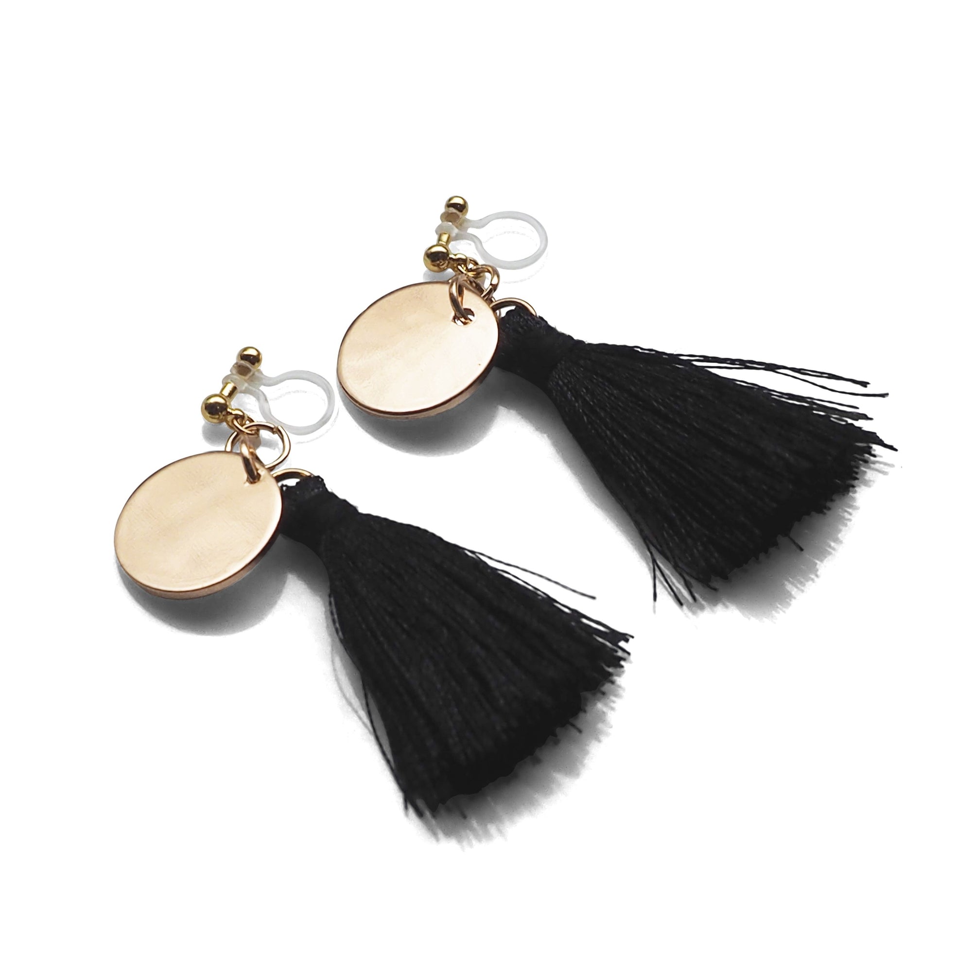 Black Tassel with Gold Coin Invisible Clip On Earrings - miyabigracejewelry.com