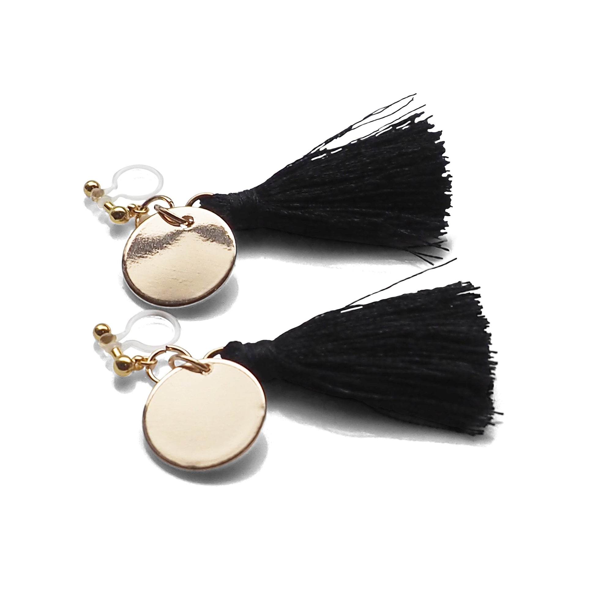 Black Tassel with Gold Coin Invisible Clip On Earrings - miyabigracejewelry.com