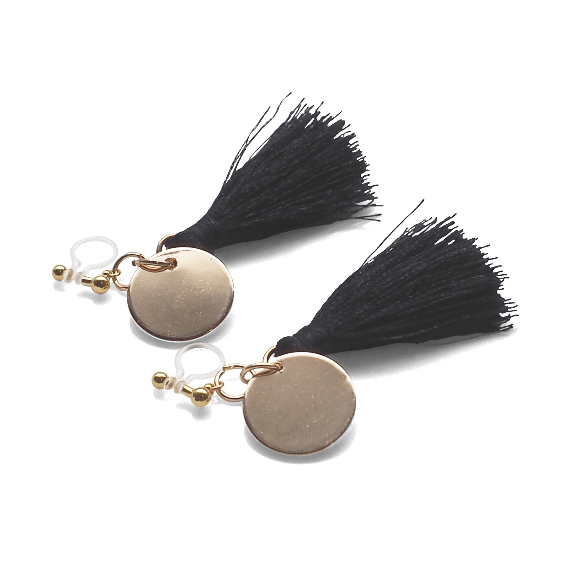 Black Tassel with Gold Coin Invisible Clip On Earrings - miyabigracejewelry.com