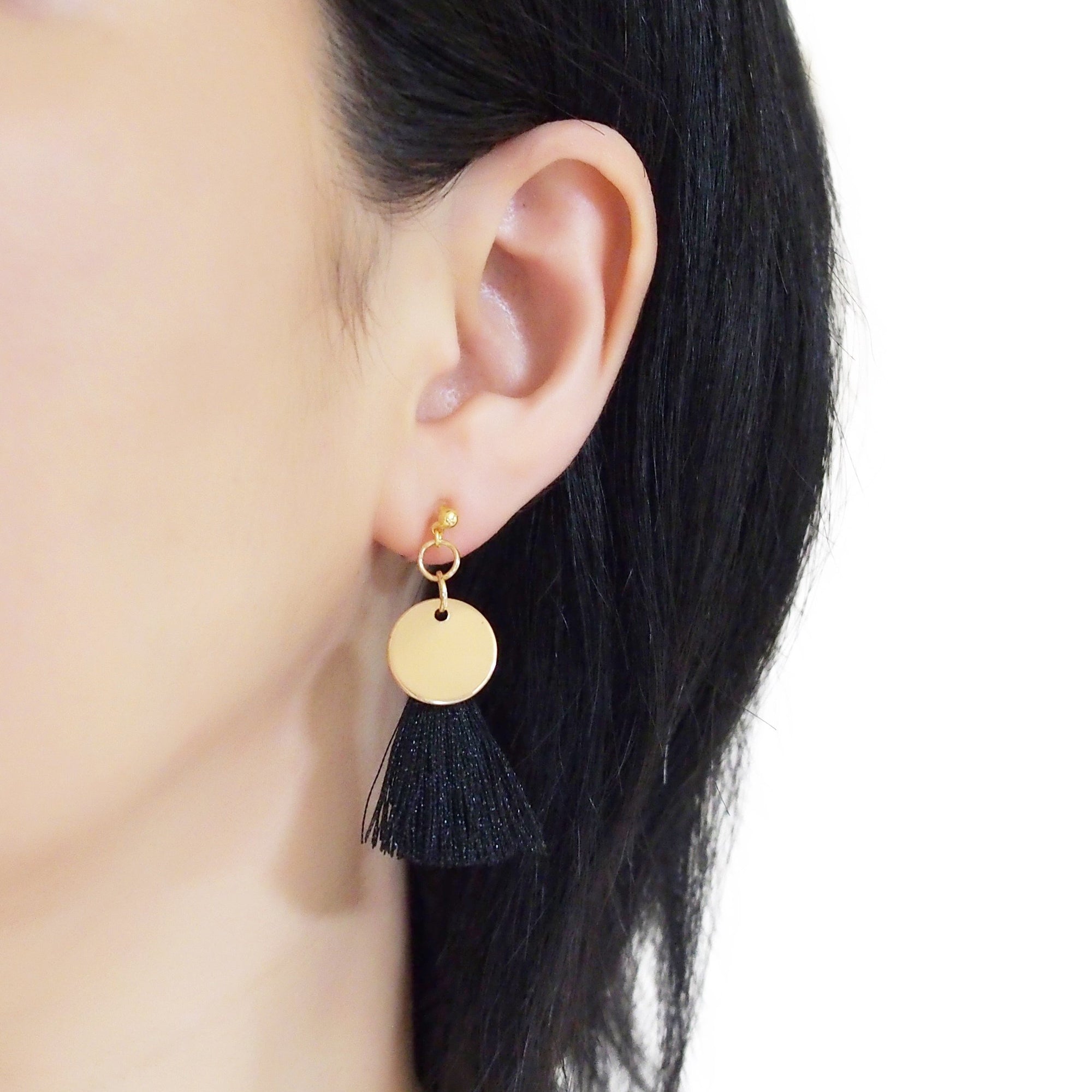 Black Tassel with Gold Coin Invisible Clip On Earrings - miyabigracejewelry.com