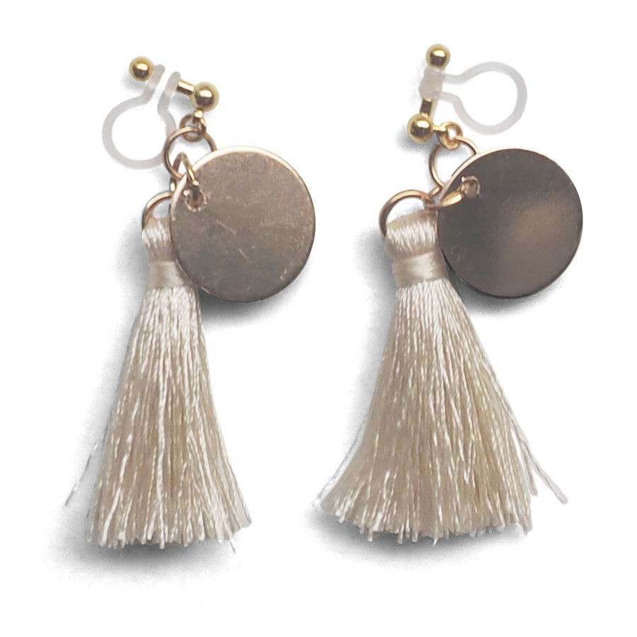 White Tassel with Gold Coin Invisible Clip On Earrings - miyabigracejewelry.com