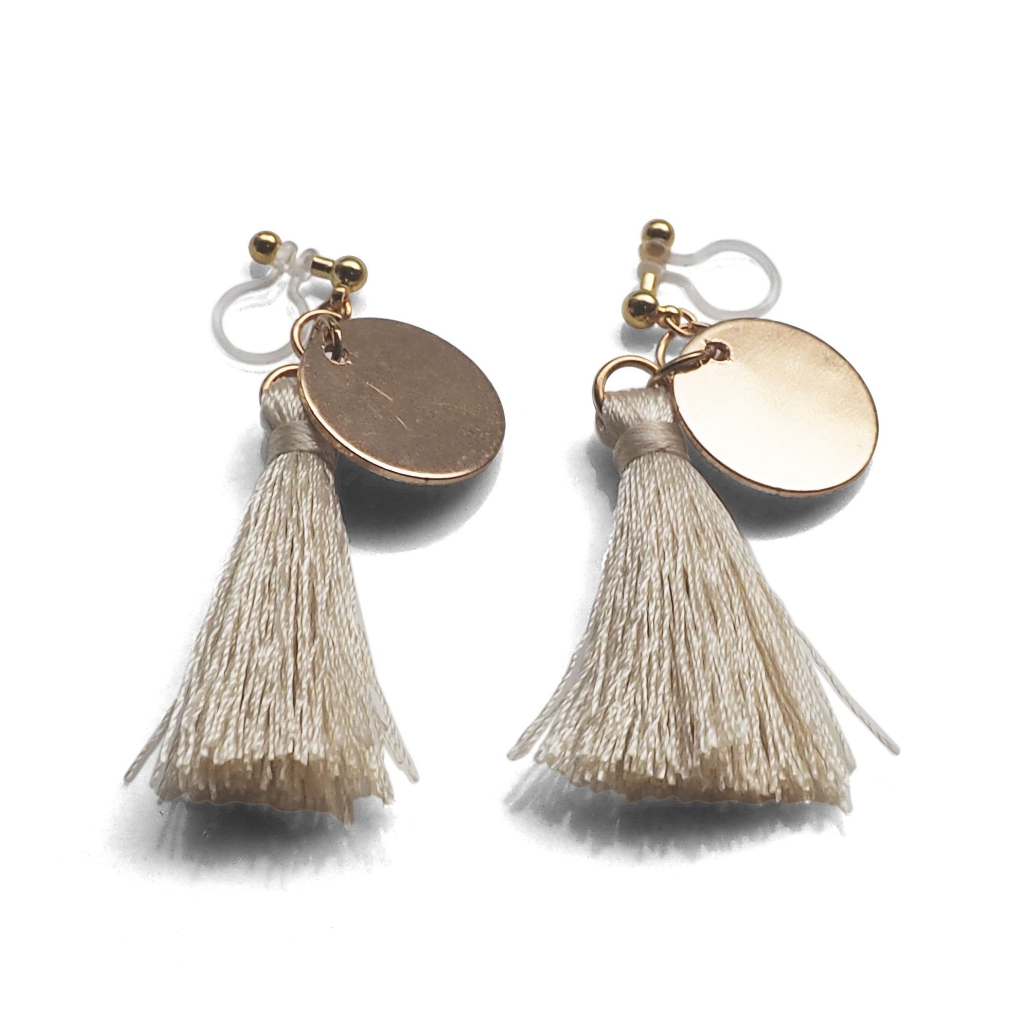 White Tassel with Gold Coin Invisible Clip On Earrings - miyabigracejewelry.com