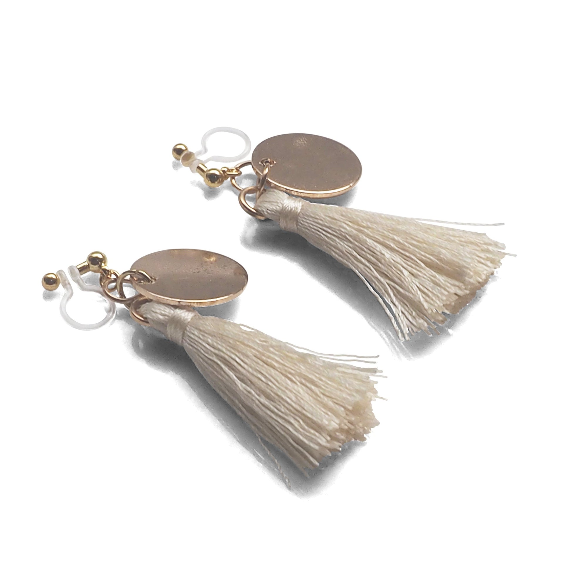 White Tassel with Gold Coin Invisible Clip On Earrings - miyabigracejewelry.com